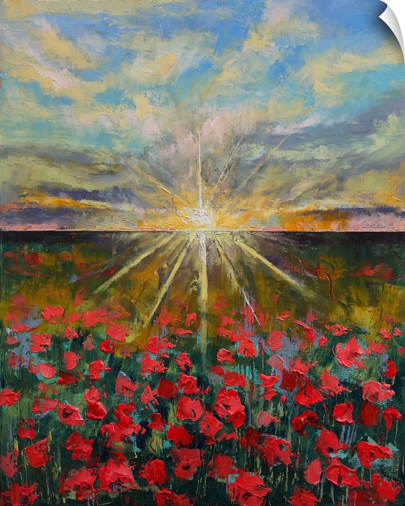 Contemporary painting of a field of red poppies.