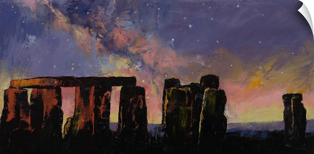 A contemporary painting of a silhouetted Stonehenge under a sunset sky.