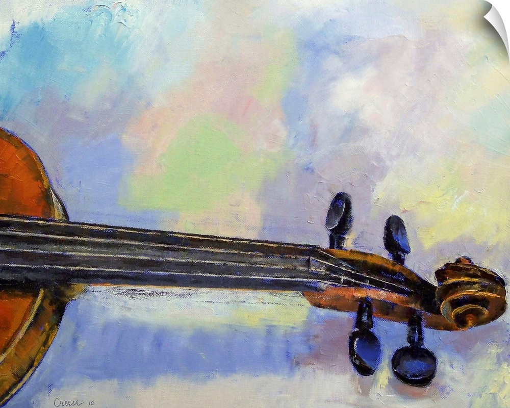 Contemporary painting of the head and neck of a violin, with a soft pastel colored background.