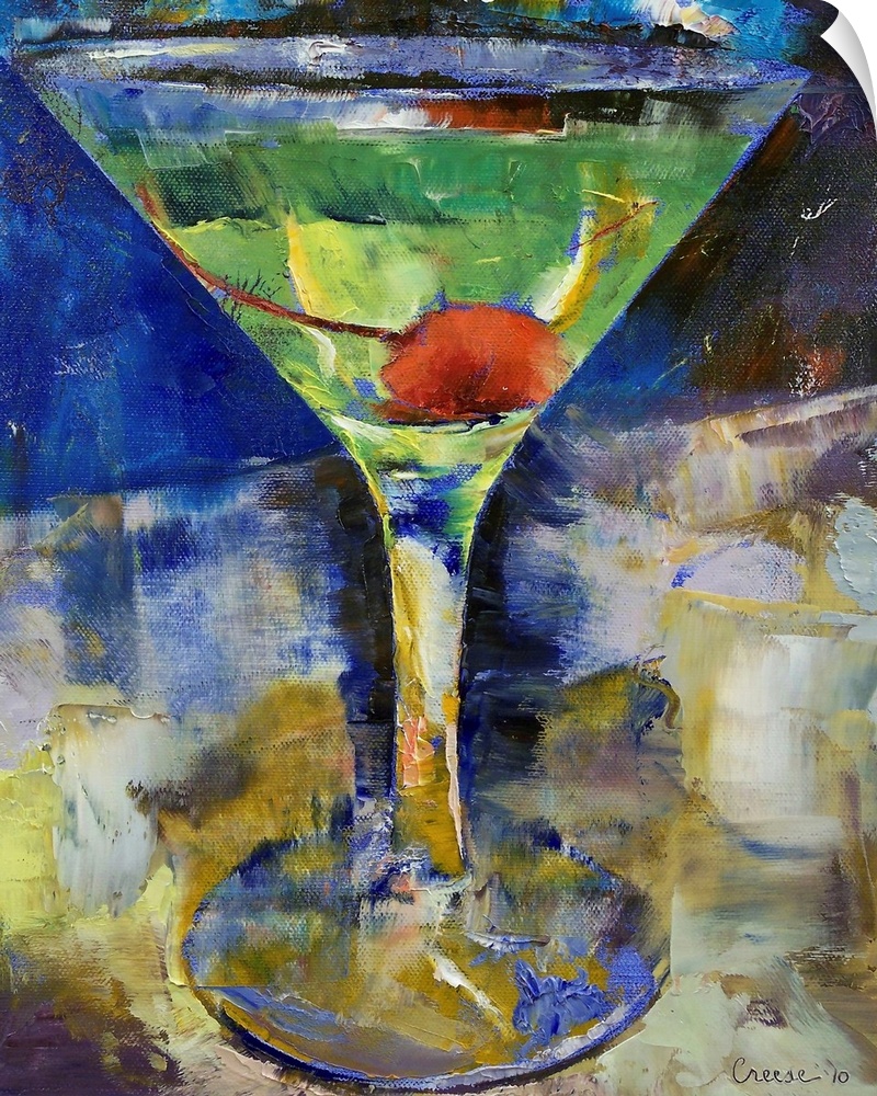 Artwork perfect for the home of a large martini glass filled with a green drink and a cherry sitting at the bottom of the ...