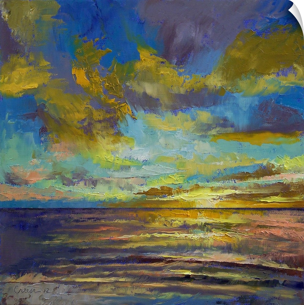 Big, square painting of the sun setting in a vibrant sky over the waters of Key Largo, painted with short, heavy brushstro...