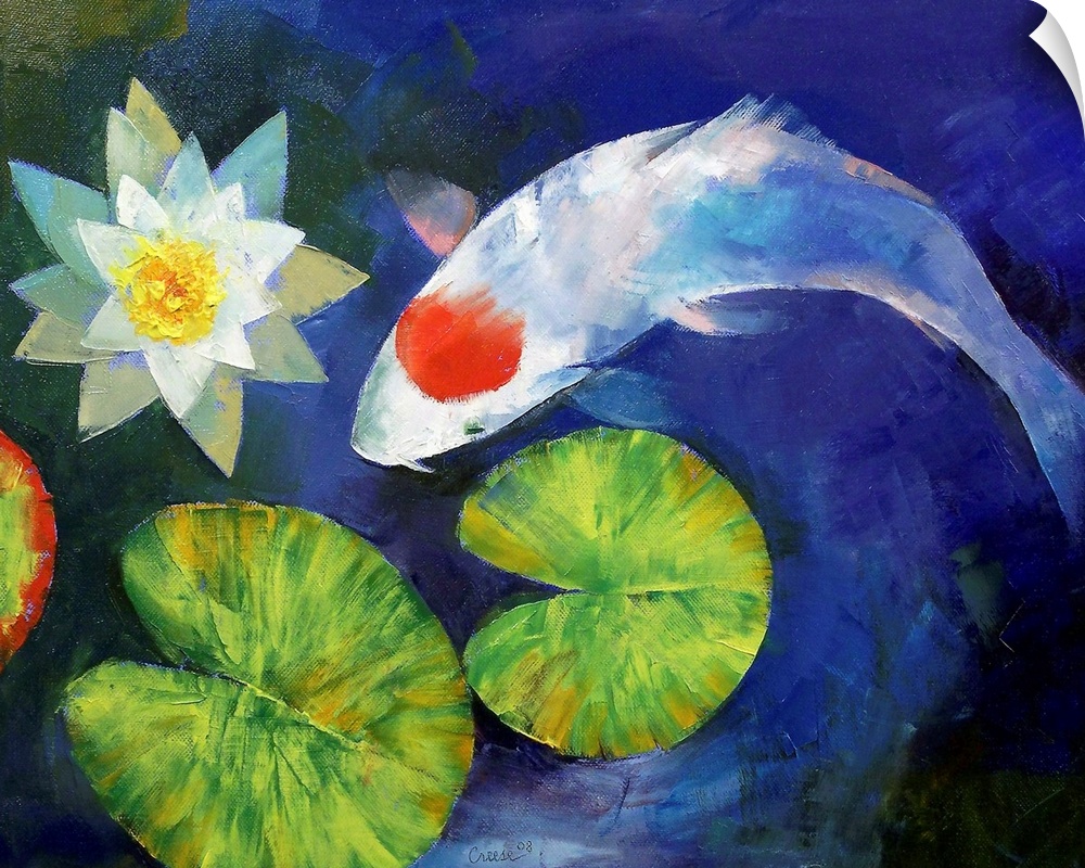 Horizontal, large wall painting on a single tancho koi fish swimming in deep blue water, approaching two lily pads and a f...