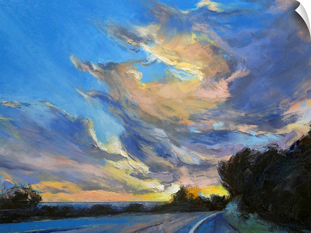 Horizontal painting on large canvas of a road leading into the sunset, beneath a sky of swirling clouds.