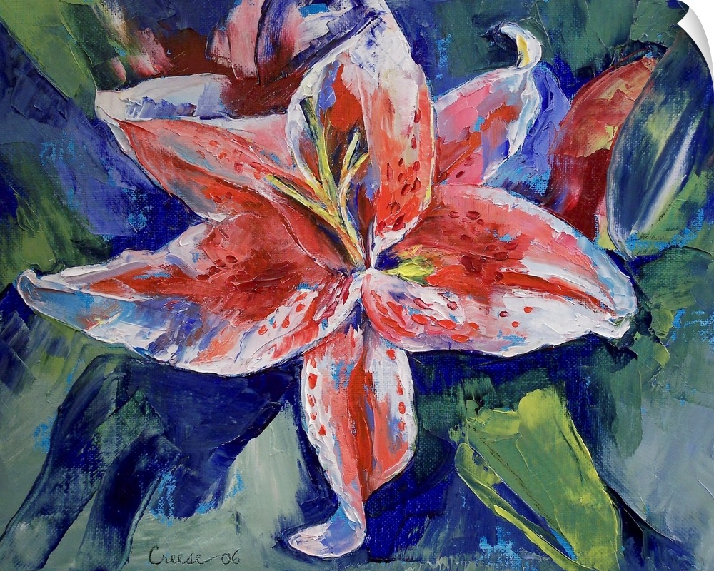 Original oil on canvas painting by American artist Michael Creese. This painting features a blooming flower with textured ...