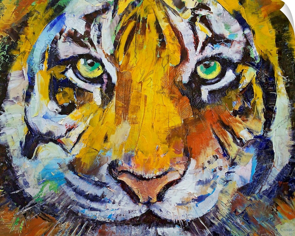 Painting of a close up of a tigers face with his green eyes staring directly at you.