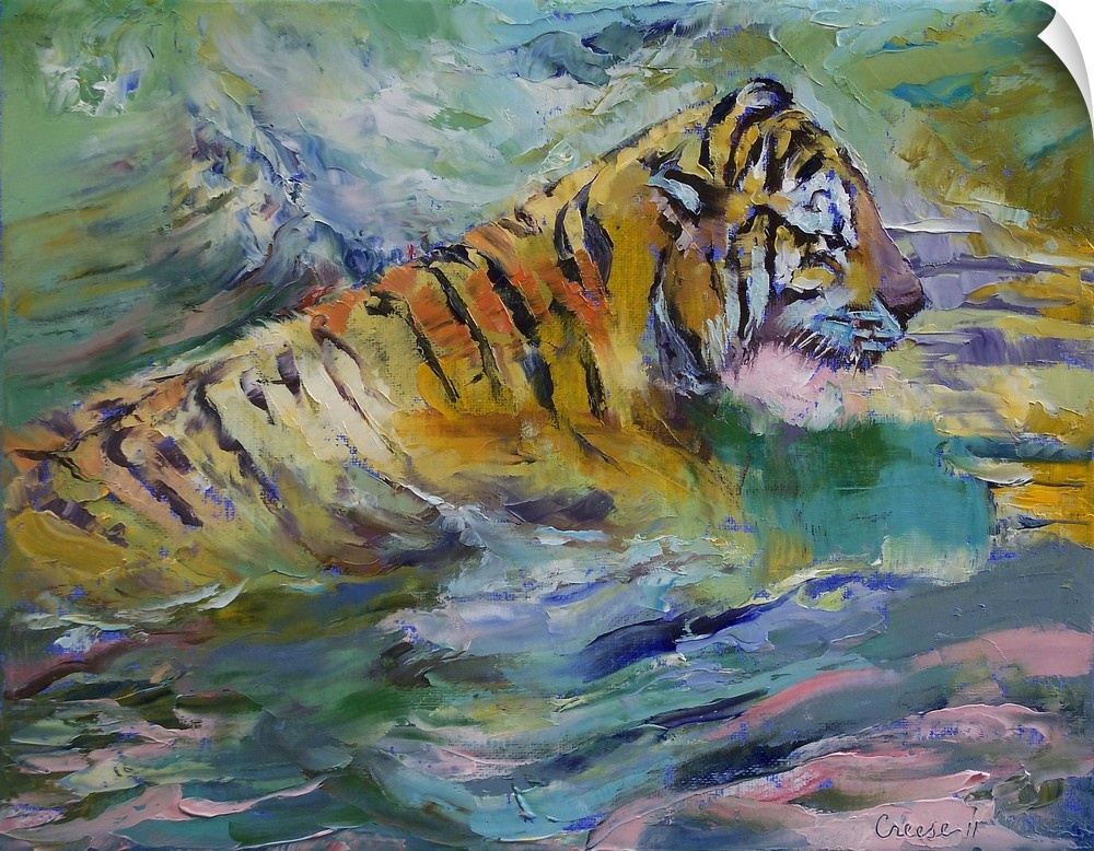 This is a large painting of a tiger surrounded by numerous colors and textures of paint.