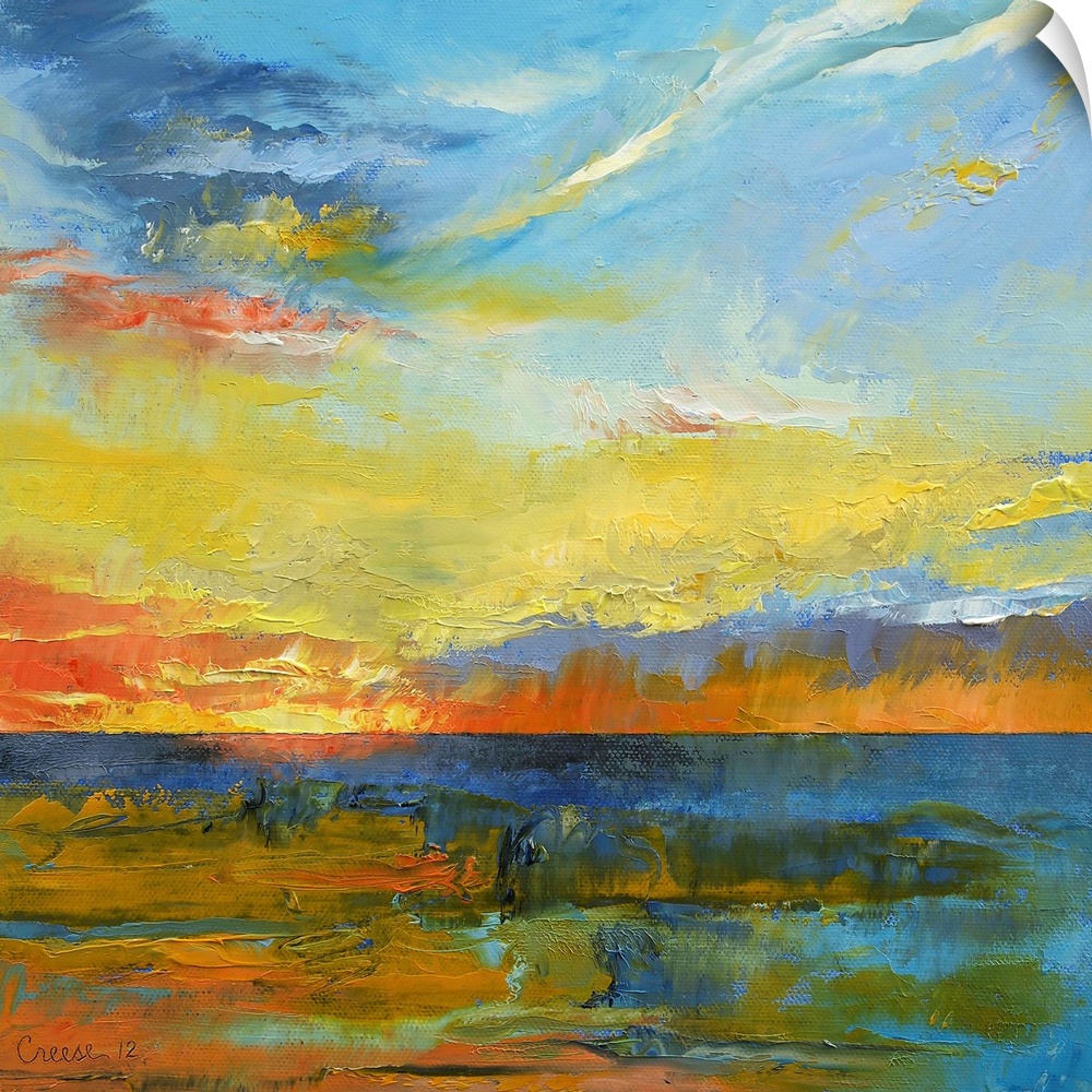 Contemporary artwork of a sunset with the warmer tone paint used in the water to show reflection.