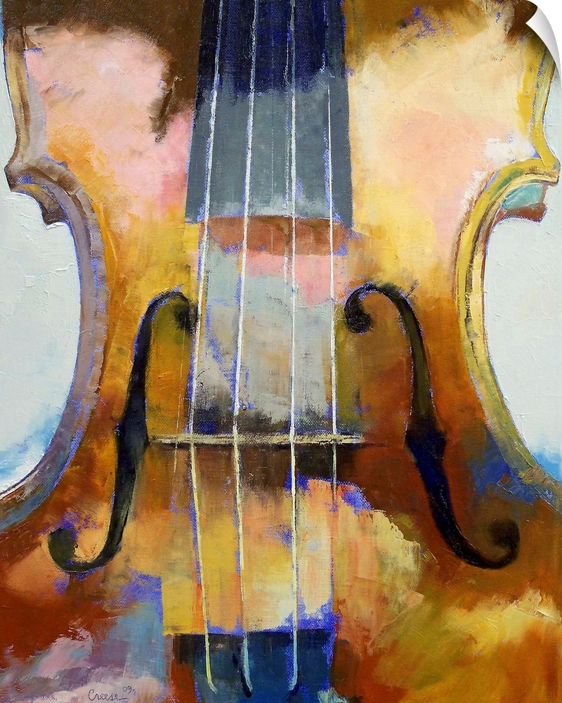 Painting on canvas of an up close angle of a violin.