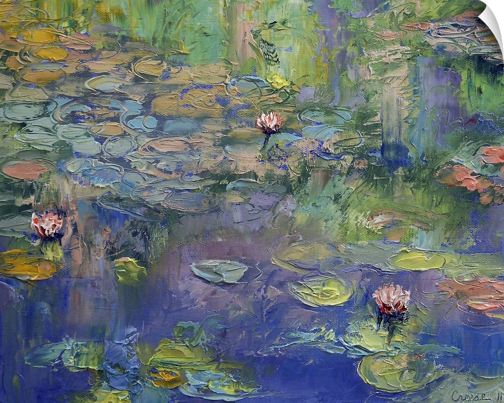 Contemporary artwork of a classic subject matter this oil painting captures lily pads and lotus blossoms floating on the s...