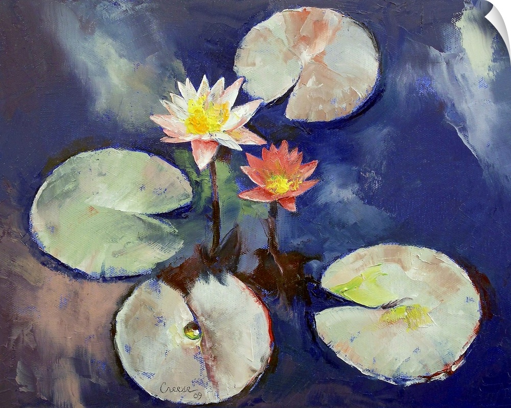 Horizontal painting on a large wall hanging of two water lilies surrounded by four lily pads, floating in calm blue waters.