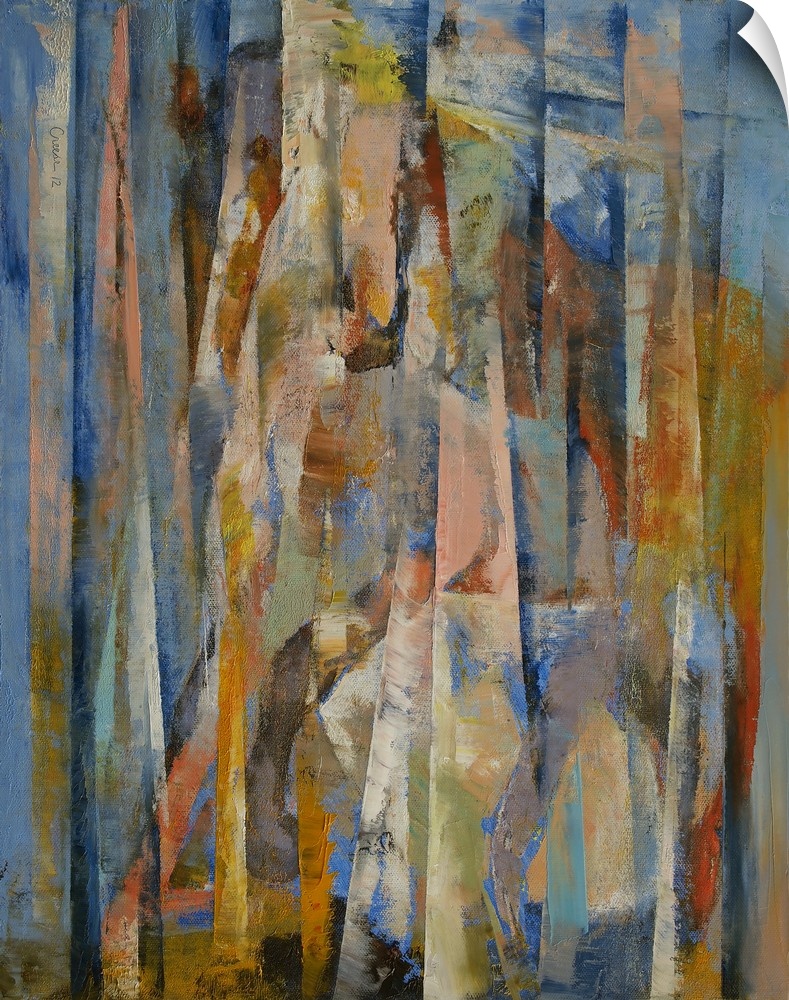 Tall abstract painting on canvas of horses with vertical lines of color.