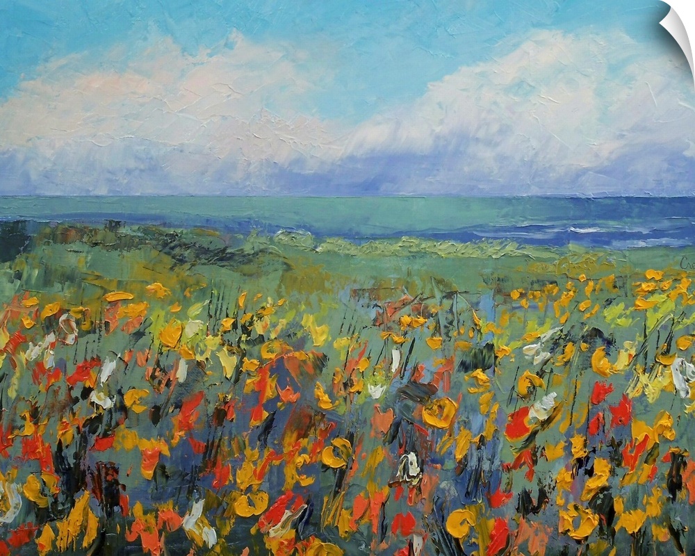 Giclee print of an oil painting depicting a field of flowers, the ocean, and sky full of fluffy clouds.