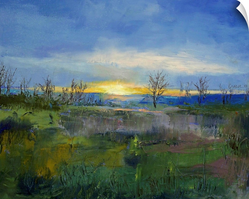 Oil Painting of the sun's last rays of light on the horizon with bare trees and a grassy field in the foreground.
