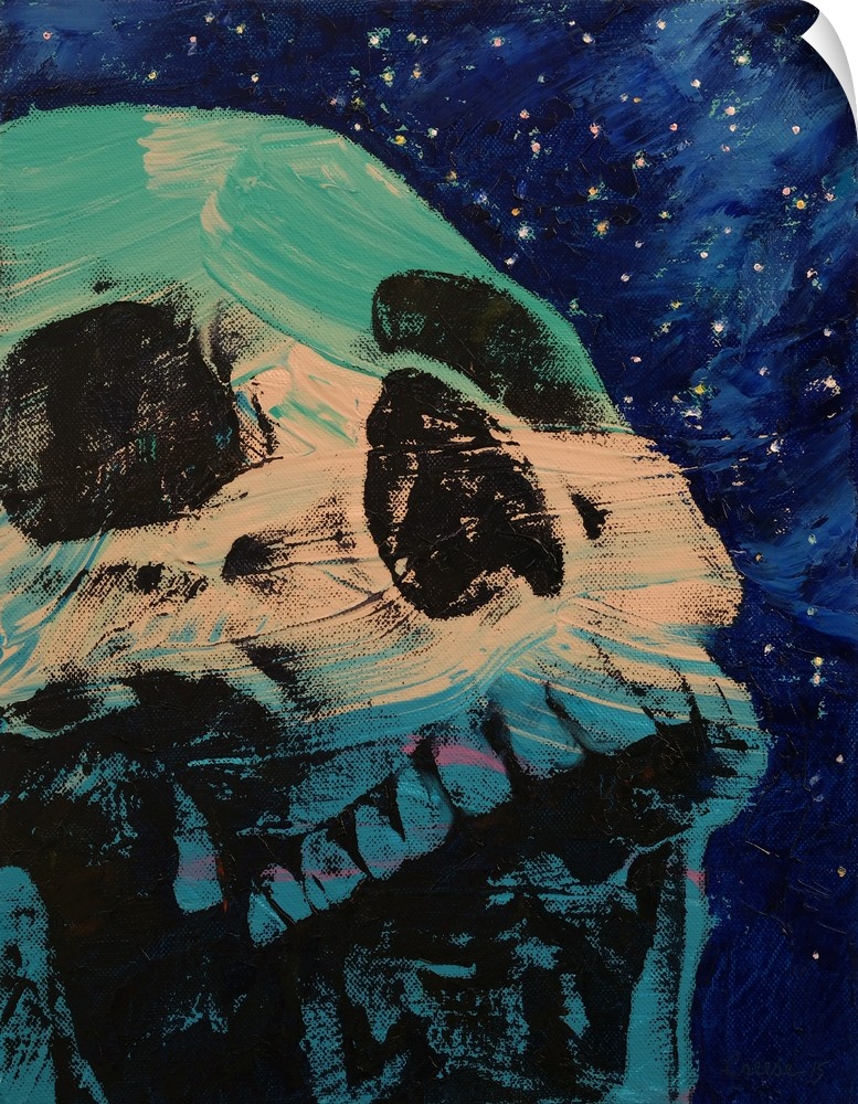 Contemporary painting of a human skull against a background of a starry sky.