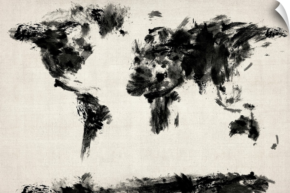 Giant monochromatic illustration shows a map of the Earth through the use of short and intense brush strokes.