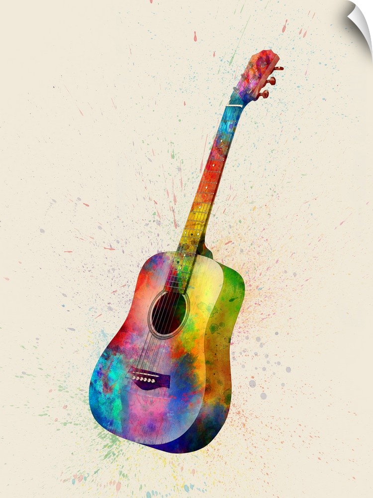 Contemporary artwork of an acoustic guitar with bright colorful watercolor paint splatter all over it.