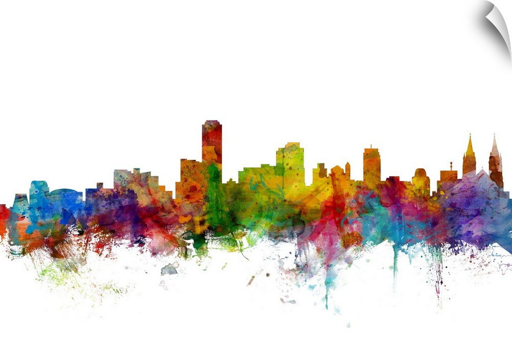Watercolor artwork of the Adelaide skyline against a white background.