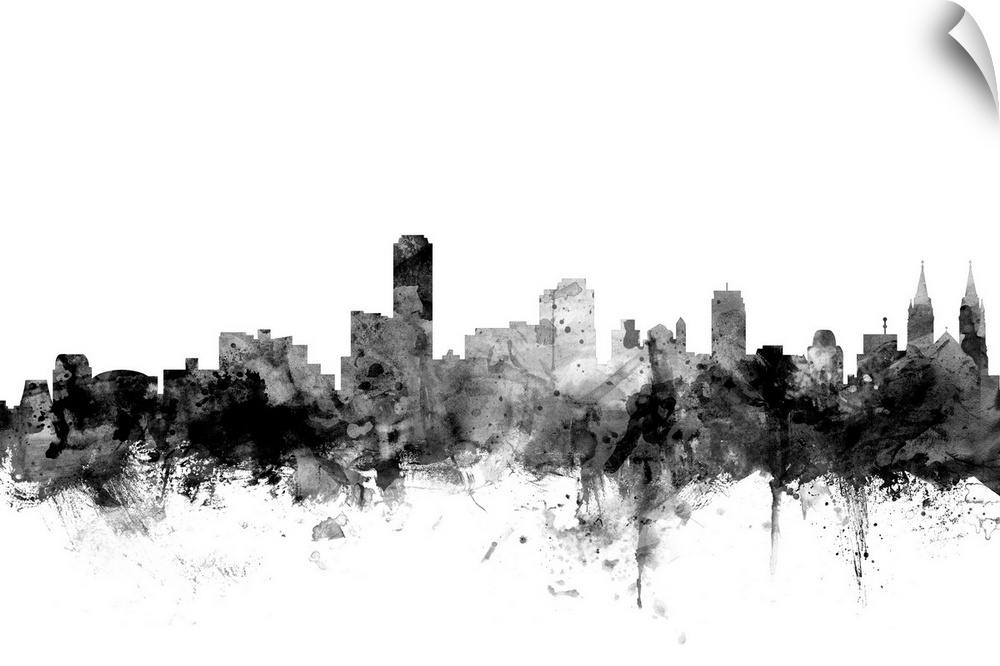 Contemporary artwork of the Adelaide city skyline in black watercolor paint splashes.