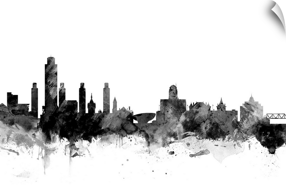 Contemporary artwork of the Albany city skyline in black watercolor paint splashes.
