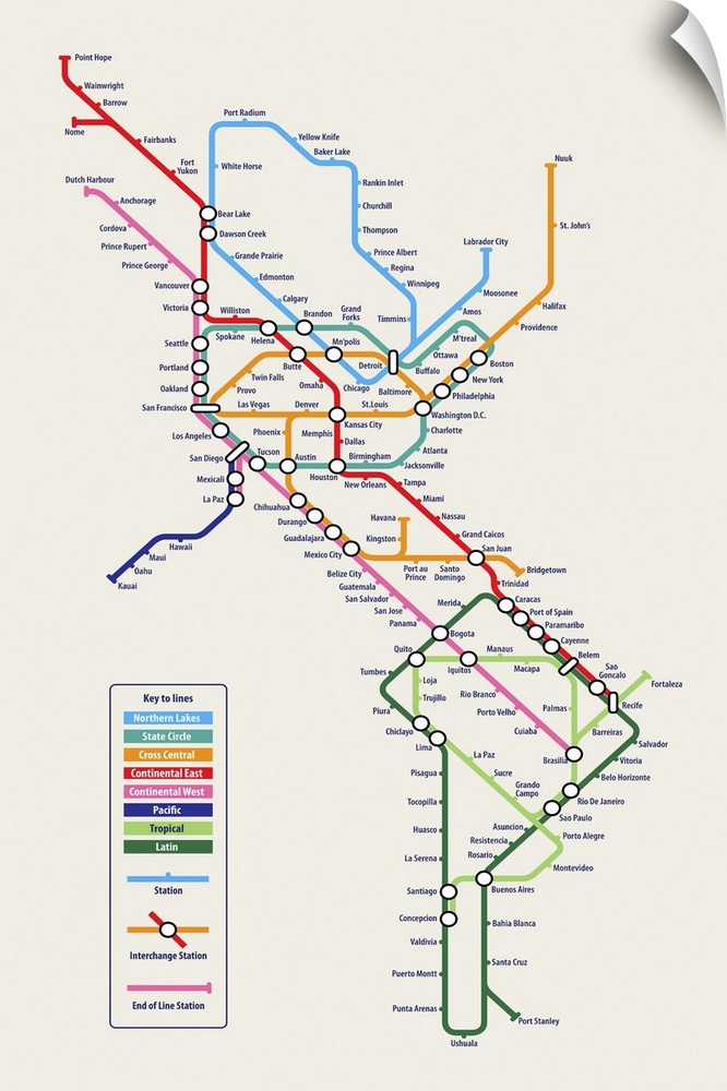 The American Continent in the iconic style of a Tube / Metro / Subway / Underground System Map.  As a follow up to my Worl...