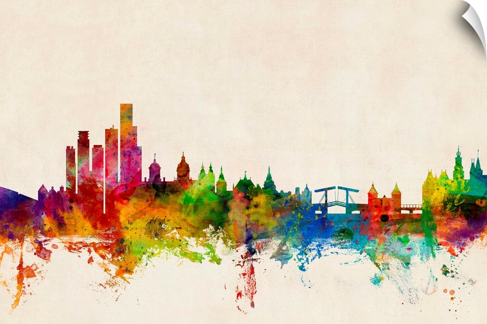 Contemporary piece of artwork of the Amsterdam skyline made of colorful paint splashes.