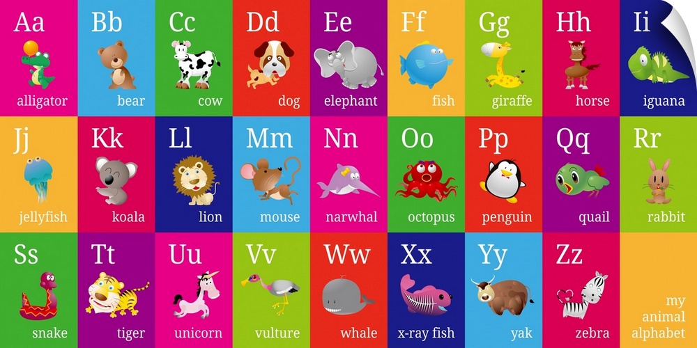 Bright and colorful contemporary animal alphabet, with upper and lowercase alphabet letters, and animal names and pictures.