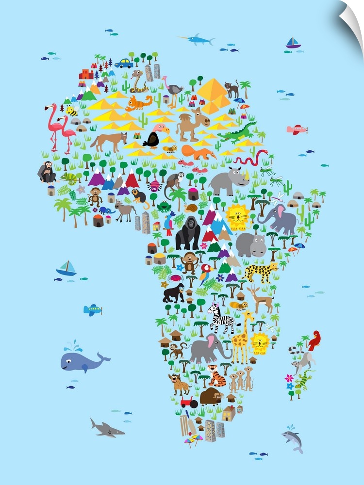 A map of the Africa featuring cartoon animals. A colorful, fun and exciting map for any young child to engage their imagin...