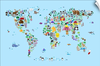 Animal Map of the World for children, Light Blue