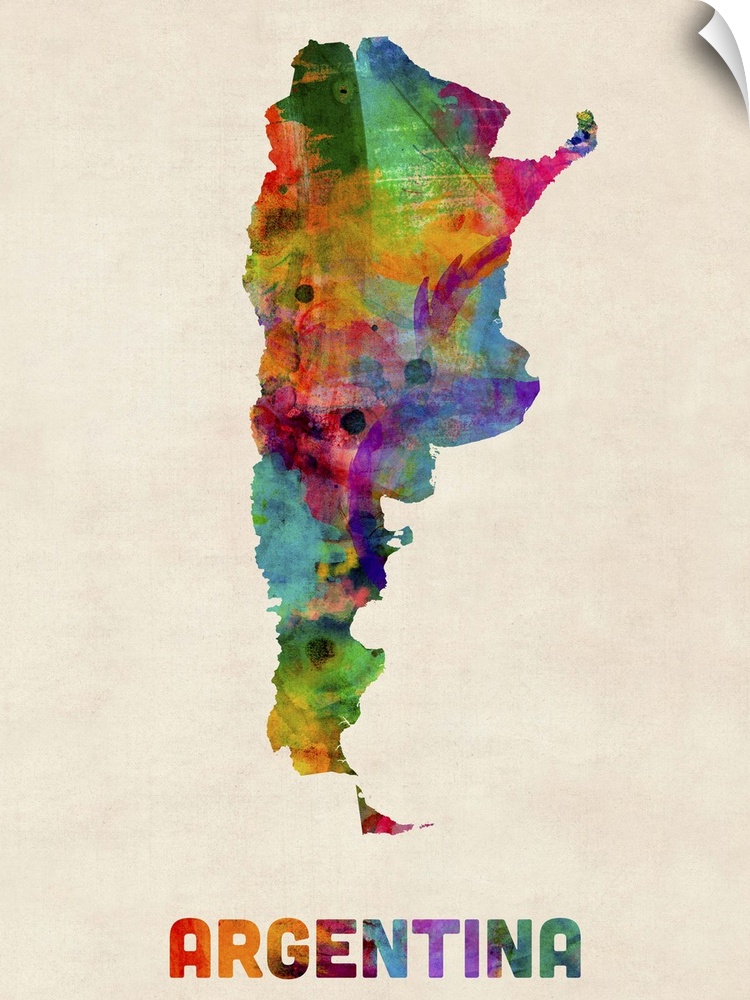 Contemporary piece of artwork of a map of Argentina made up of watercolor splashes.