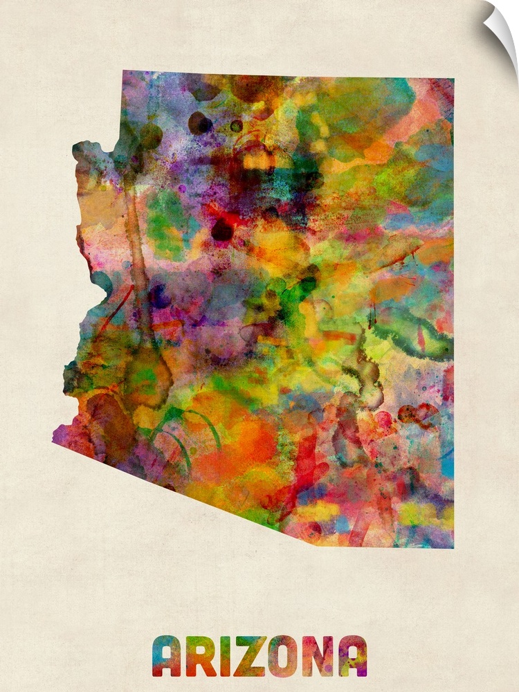 Contemporary piece of artwork of a map of Arizona made up of watercolor splashes.