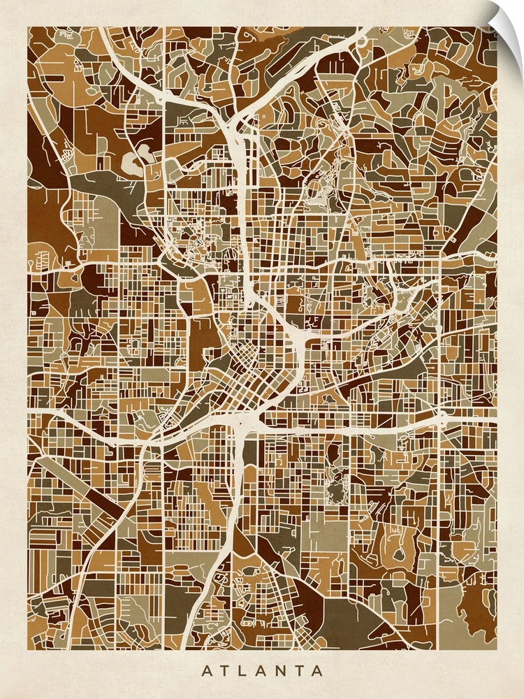 Brown toned city street map artwork of Atlanta.