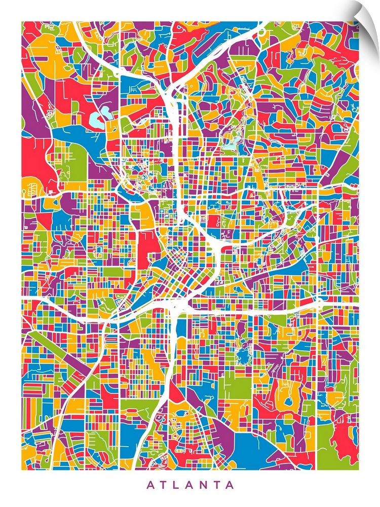 Colorful city street map artwork of Atlanta.