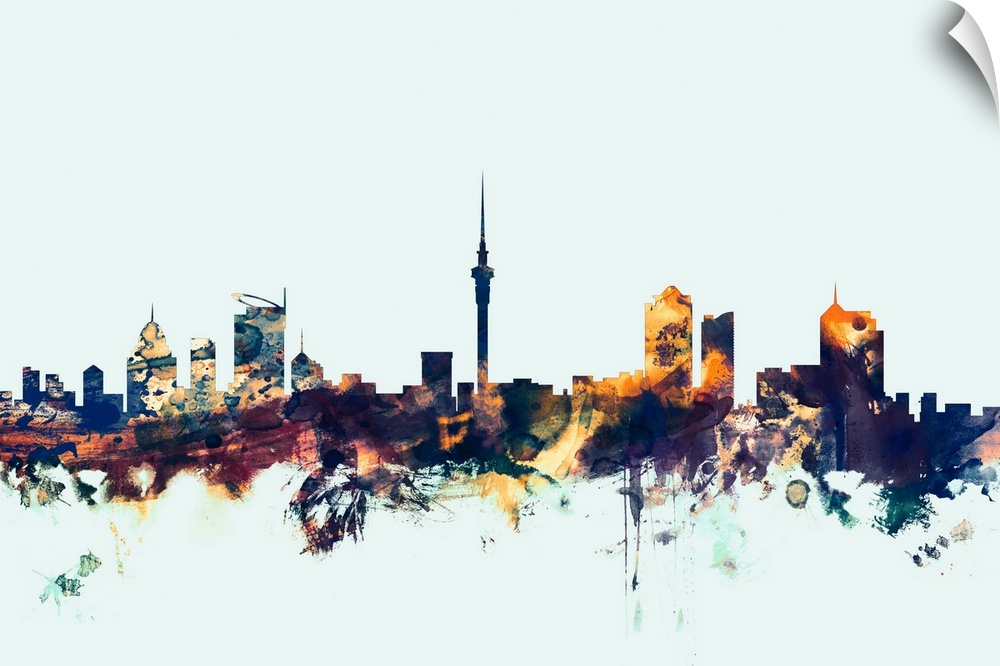 Watercolor art print of the skyline of Auckland, New Zealand