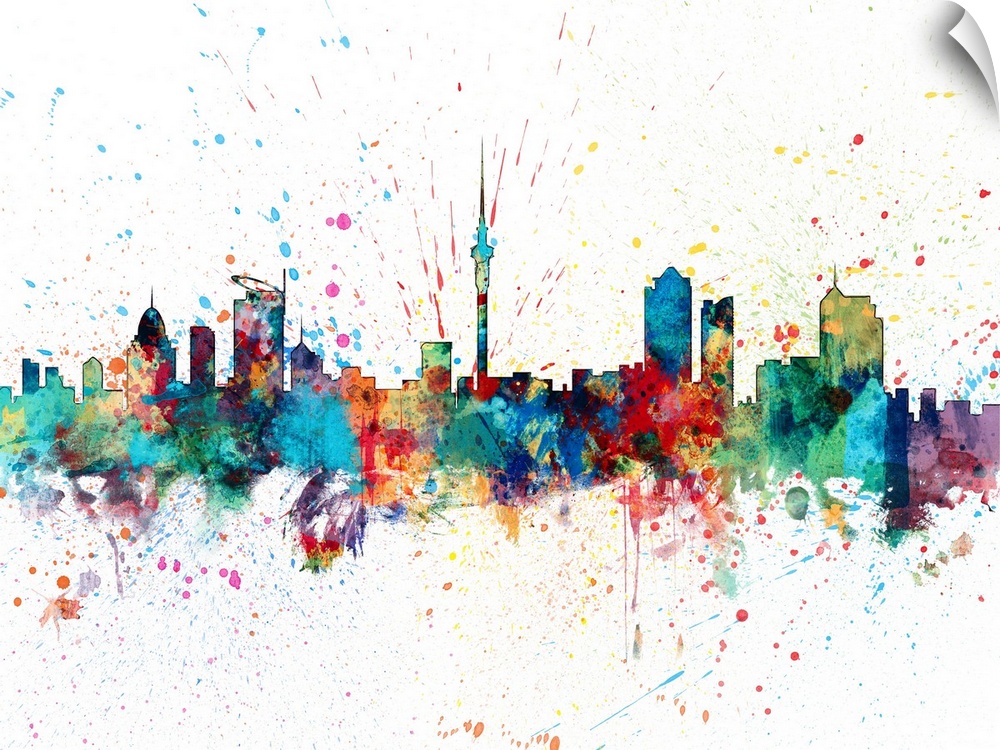 paint splashes art print of the skyline of Auckland, New Zealand