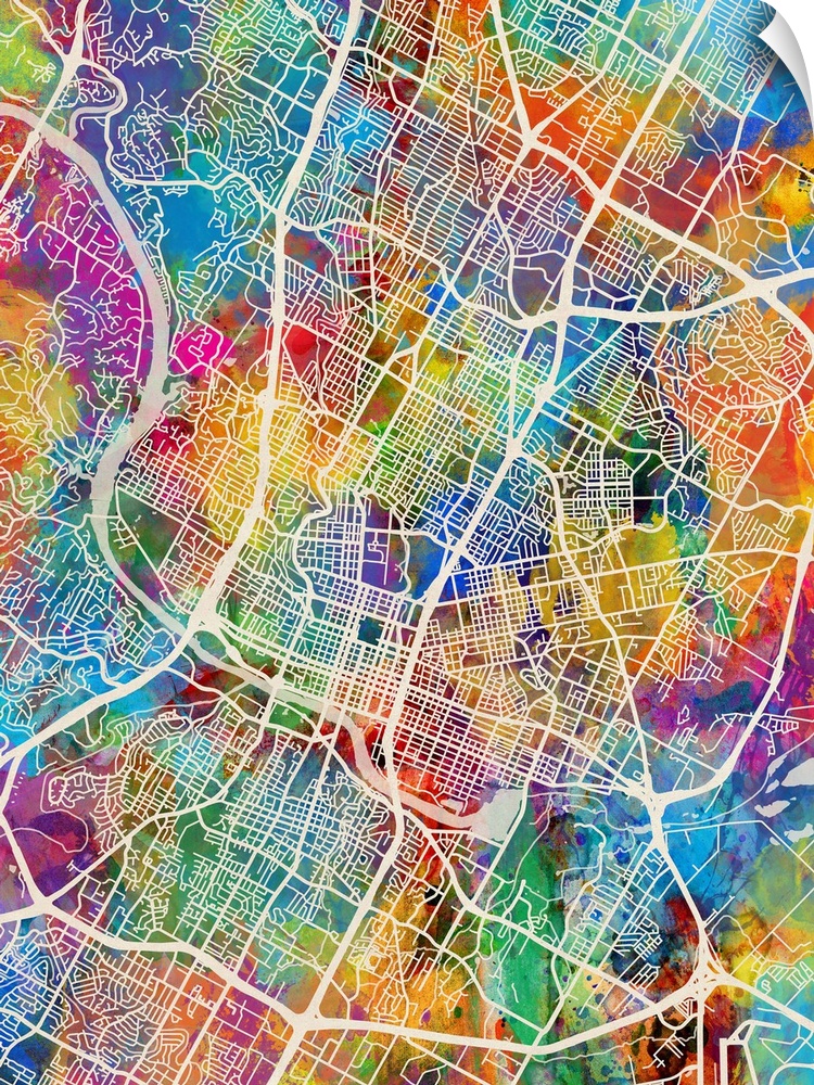 Watercolor street map of Austin, Texas, United States