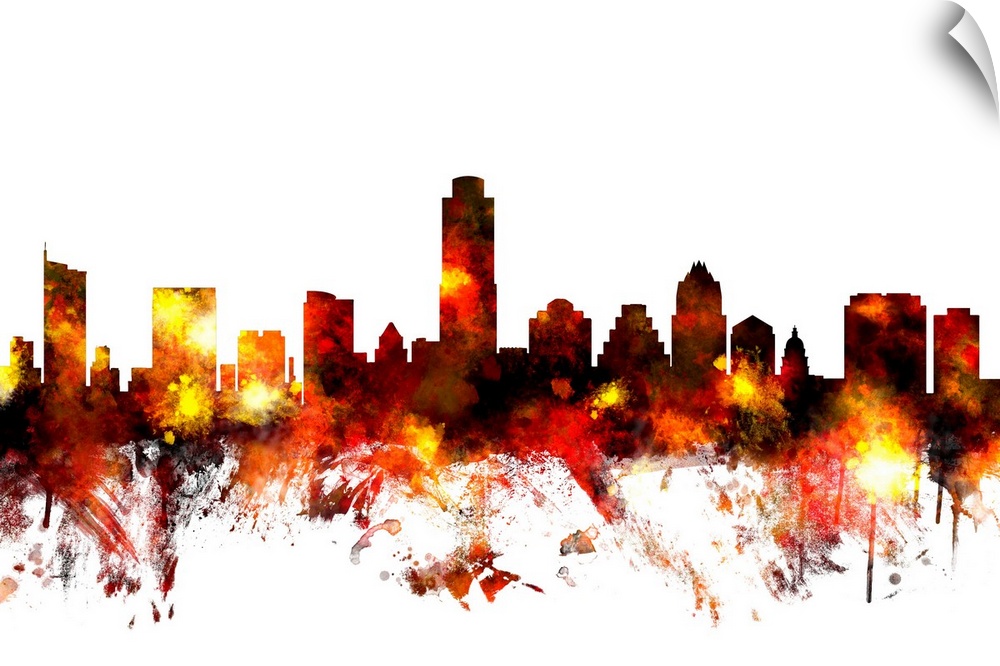 Contemporary piece of artwork of the Austin skyline made of colorful paint splashes.
