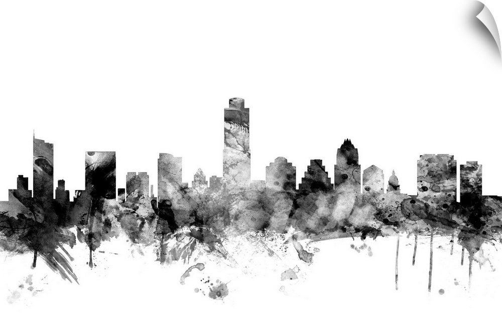 Contemporary artwork of the Austin city skyline in black watercolor paint splashes.