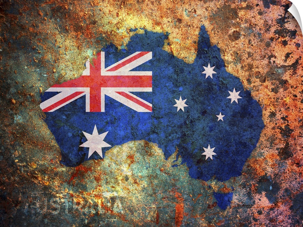 The Australian flag is used in the shape of the country against a very rustic background.