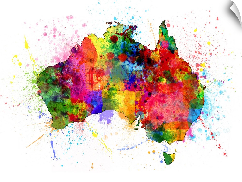 Contemporary artwork of a map of the country Australia made of colorful paint splashes.