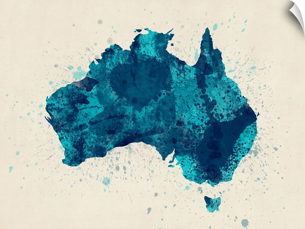 Contemporary artwork of a map of the country Australia made of colorful paint splashes.