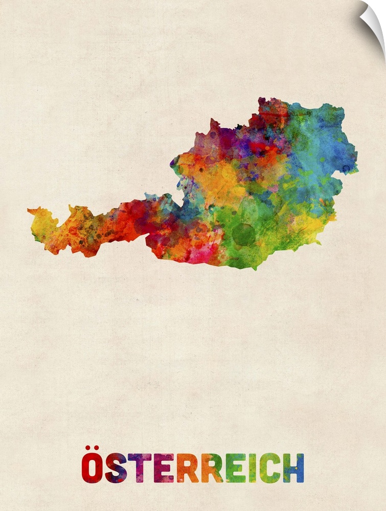 Colorful watercolor art map of Austria against a distressed background.
