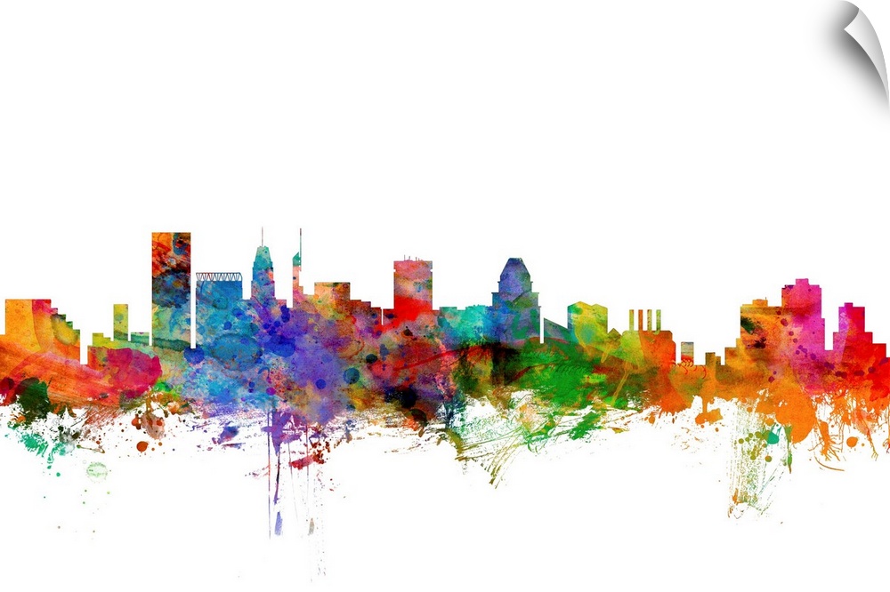 Watercolor artwork of the Baltimore skyline against a white background.