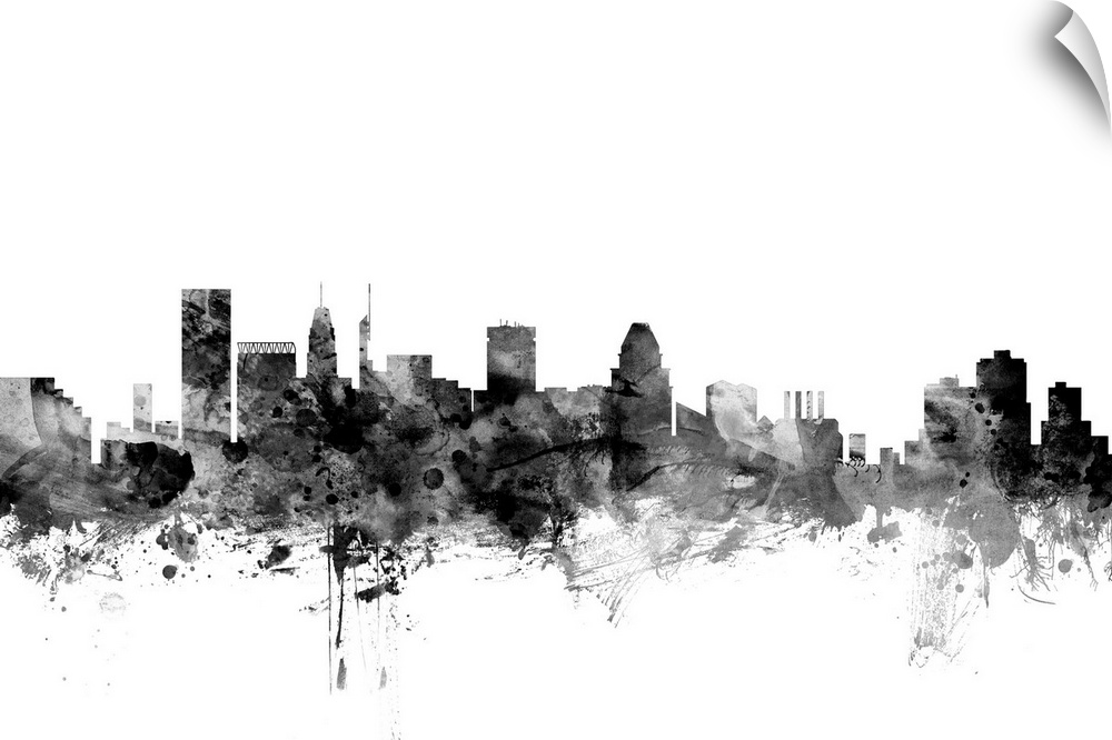 Contemporary artwork of the Baltimore city skyline in black watercolor paint splashes.