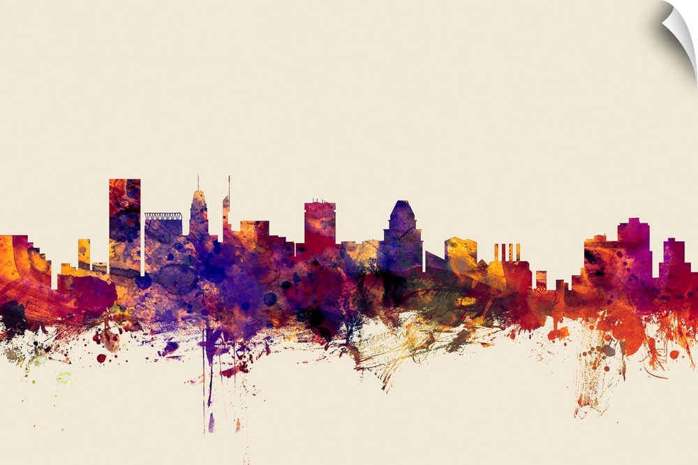 Contemporary artwork of the Baltimore city skyline in watercolor paint splashes.