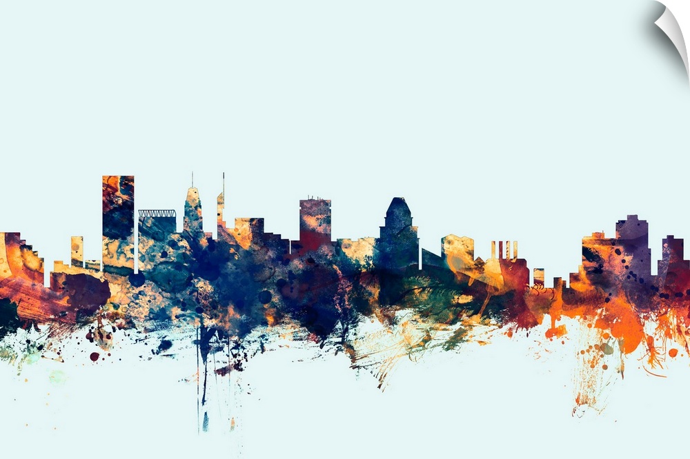 Dark watercolor silhouette of the Baltimore city skyline against a light blue background.