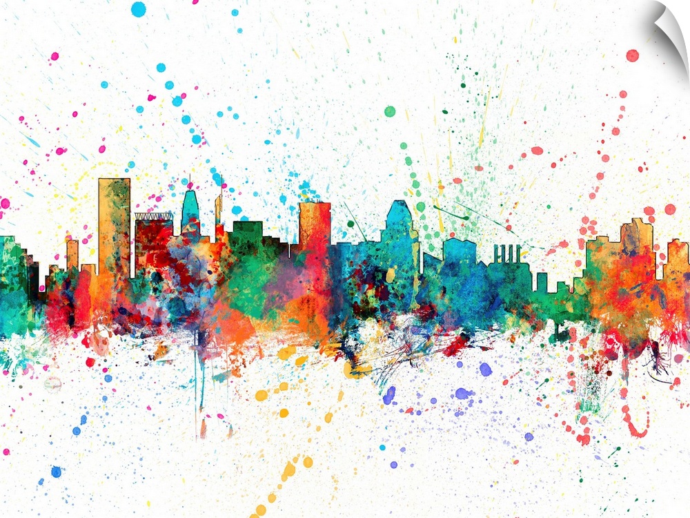 Wild and vibrant paint splatter silhouette of the Baltimore skyline.