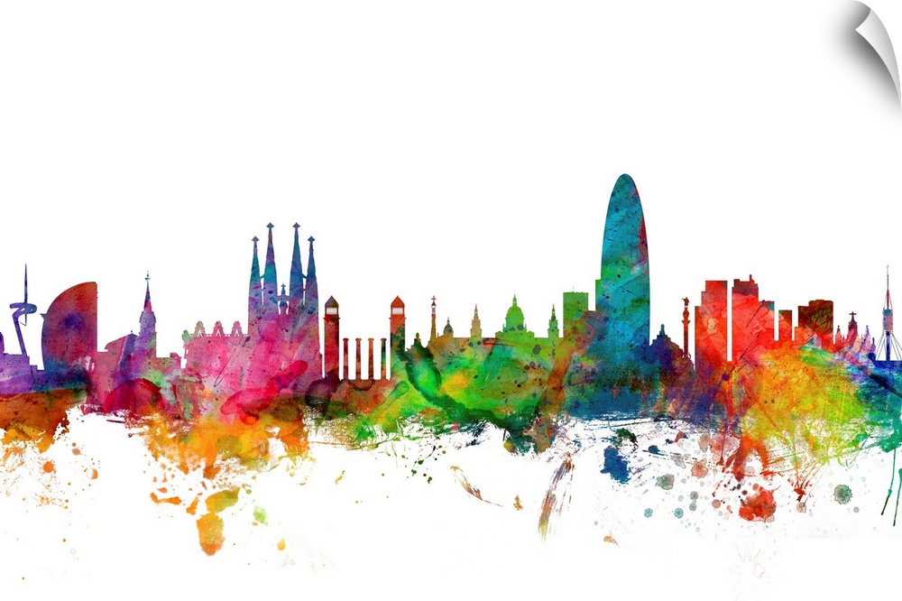 Contemporary piece of artwork of the Barcelona skyline made of colorful paint splashes.