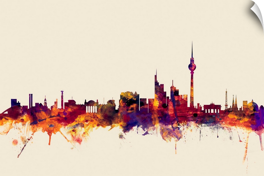 Watercolor artwork of the Berlin skyline against a beige background.