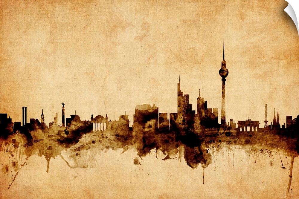 Contemporary artwork of the Berlin city skyline in a vintage distressed look.