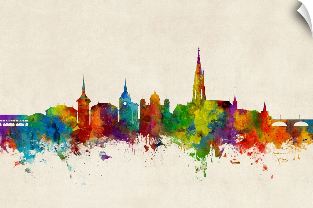 Watercolor art print of the skyline of Bern, Switzerland